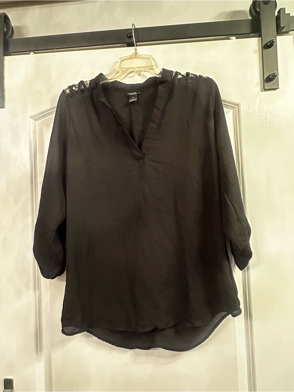 Rue21 Black V-Neck Blouse with Ladder-Trim Shoulders